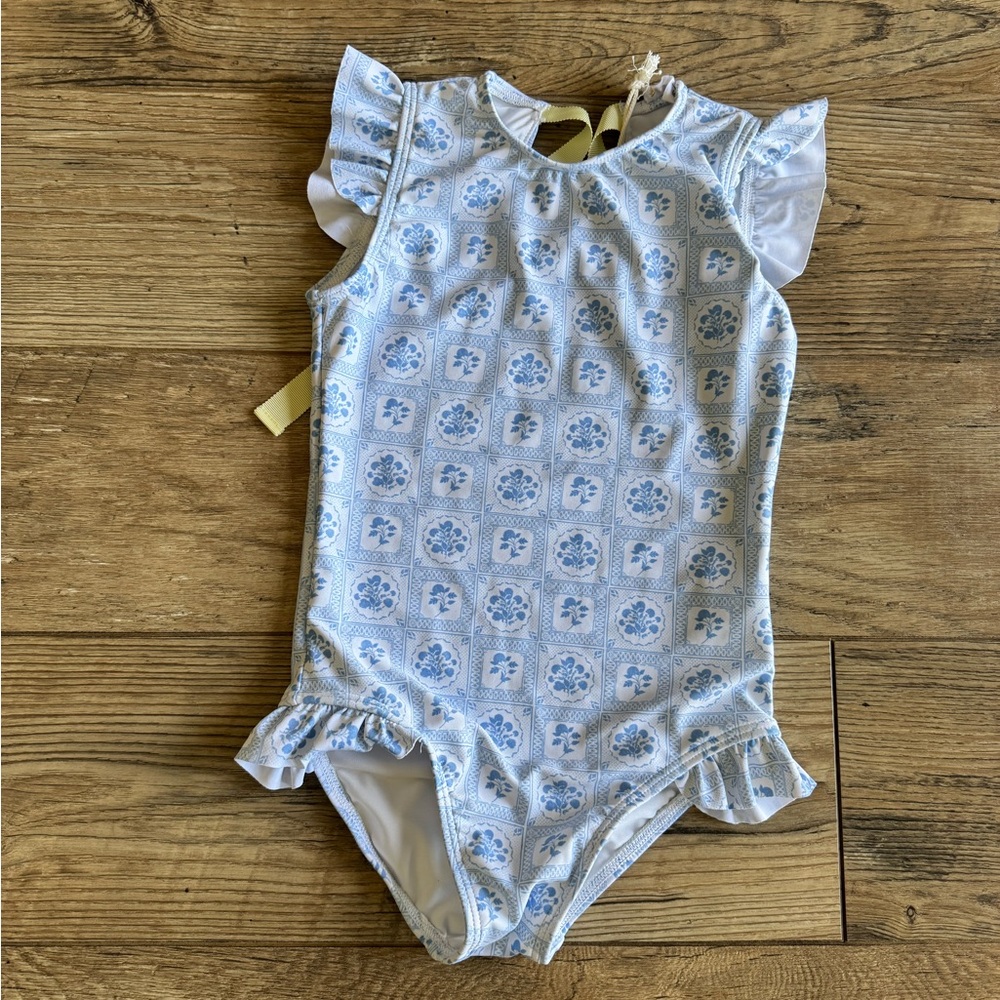 Blue and White Floral Ruffle Swimsuit